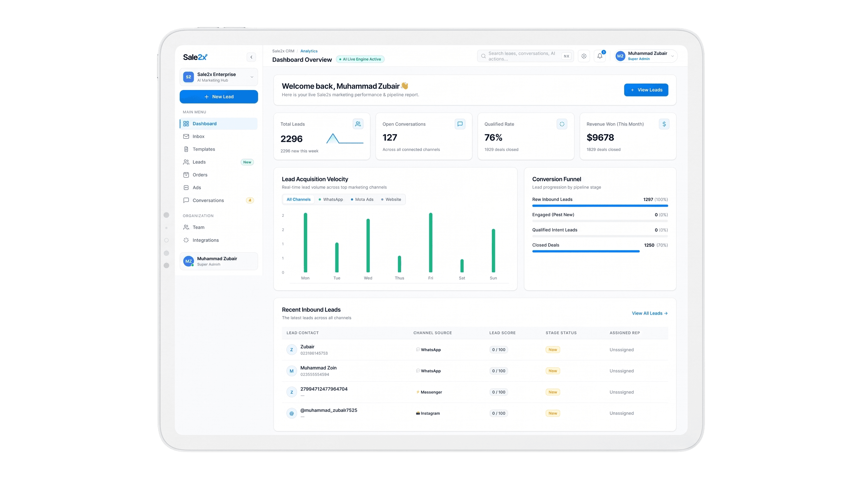 Sale2x AI CRM & Marketing Platform Live Tablet Dashboard
